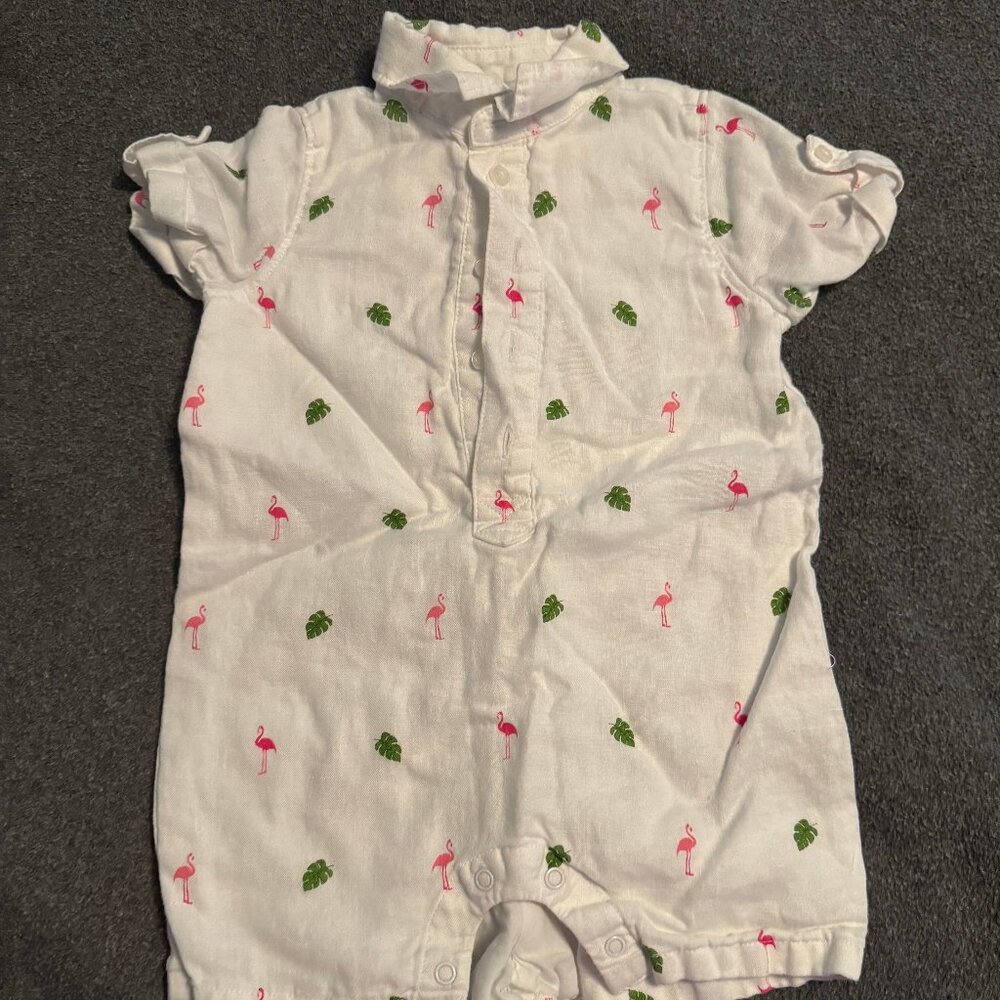Janie & Jack Tropical Cotton Linen Shortall - Size 6-12 months - Palms Flamingo